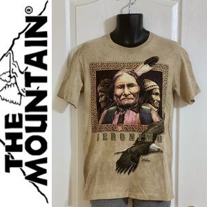 The Mountain tan hand dyed t-shirt w/Indigenous leader, sz S, 2012 David Behrens